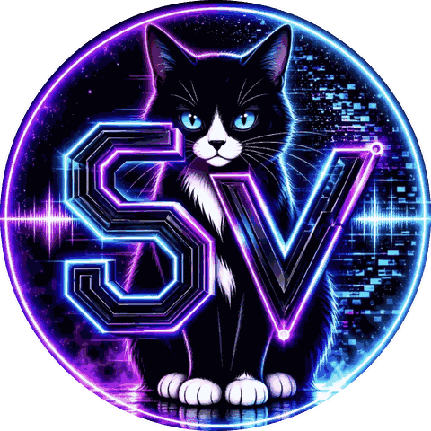 Staticvoid.Live: tuxedo cat with neon SV logo